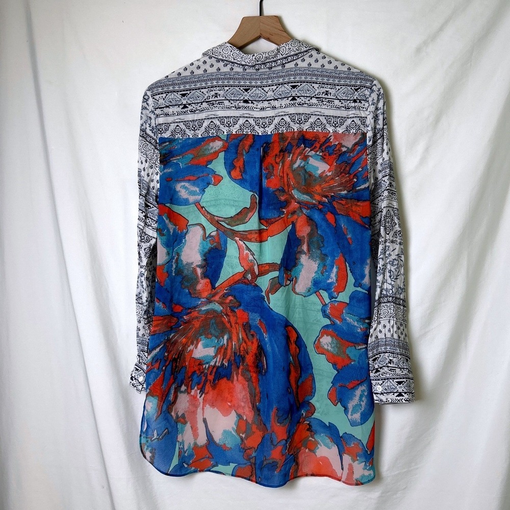 Tribal Womens Mixed Media Floral Geometric Button Up Shirt Size M Blue White